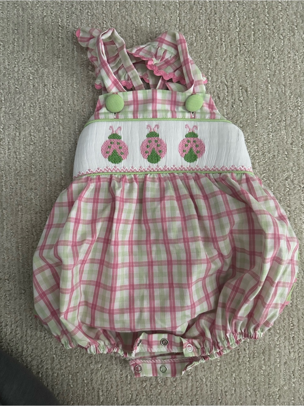 Pink & Green Plaid Smocked Ladybug Diaper Cover Romper